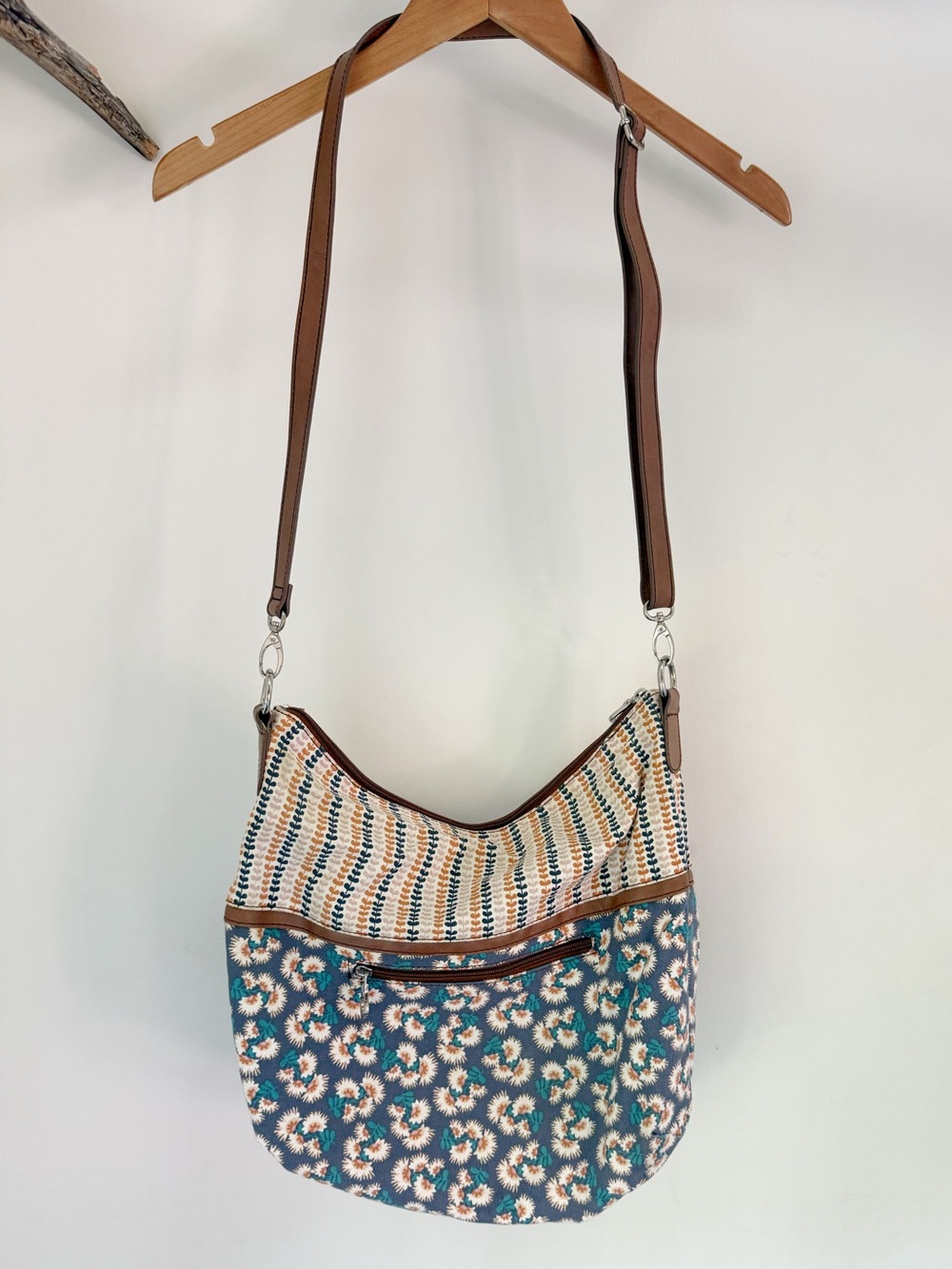 Relic Crossbody Hobo Bag Canvas Floral Hearts Mod Retro Dusty Blue Orange Cream